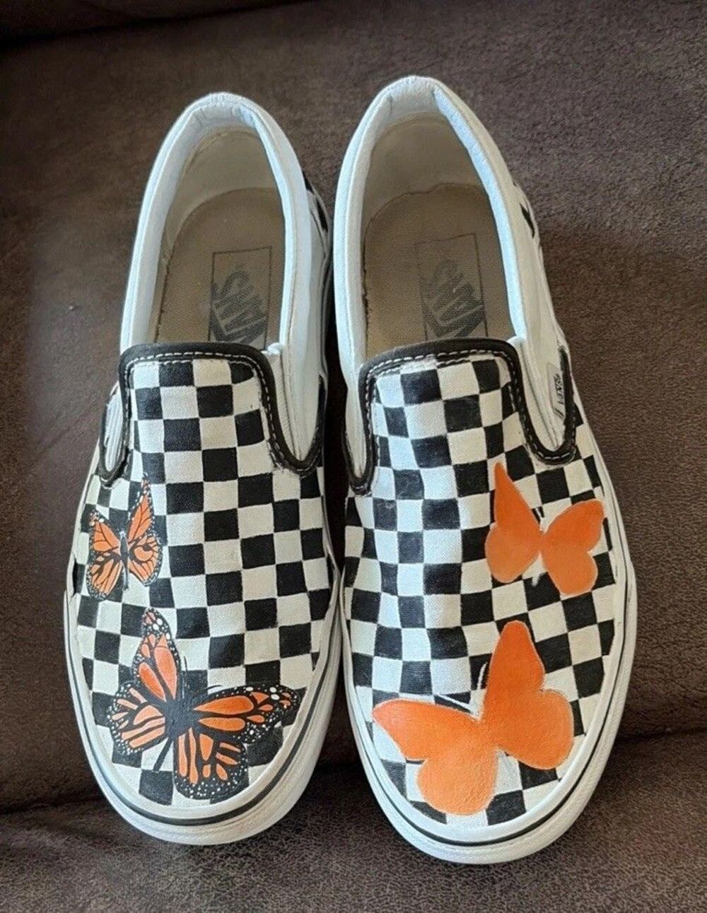 Vans Checkered Hand painted Butterfly Monarch Sneakers Women Slip On Shoe 9.5m